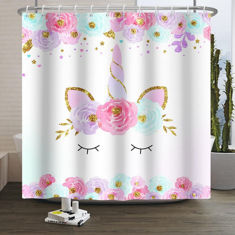 122x183cm Mignonne Licorne Rideau de Douche Dessin animé Licorne Magie Tête Doré Poudre Fleur Rideau Bain Blanc Arrière Plan Rideau de Baignoire pour Salle Bains Polyester avec Crochets (1/5)