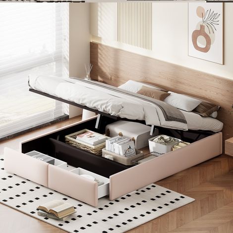 Canapé abatibel 160x200 cm, con 2 cajones, almacenamiento hidráulico, lino, cama de plataforma tapizada sin cabecero, ideal para adelltes y aux adoloscents,Beige