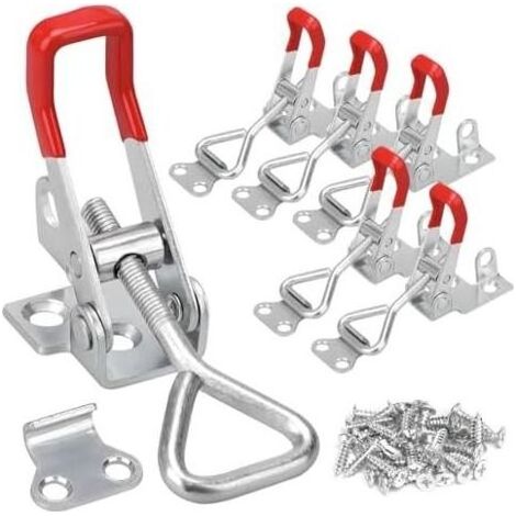 6 Pcs Loquet a Bascule, à Cerradura Sauterelle de Serrage Réglables, Fermeture Levier Ressort Fermoir Remorque en Métal pour Armoires Valises Portes(100 kg) Argent - (1/5)
