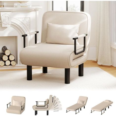 Canapé-lit 4 en 1, fauteuil convertible, lit d'appoint avec dossier réglable sur 6 positions et coussin d'appoint pour salon, chambre, bureau, beige