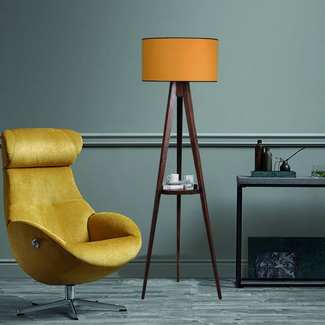 Lámpara de pie "Model 1" E27 IP20 fabricada en madera y tela color mostaza (1/2)