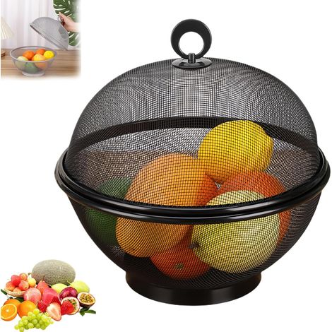 Corbeille de fruits avec filet anti-mouches - Métal avec couvercle - Moustiquaire intégrée - Stockage moderne - 28x25 cm - Noir (1/5)