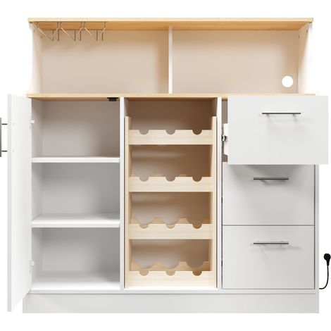 Buffet blanc avec LED, prises électriques, porte-verres et casier à vin, rangement multifonction pour cuisine et restaurant (1/5)