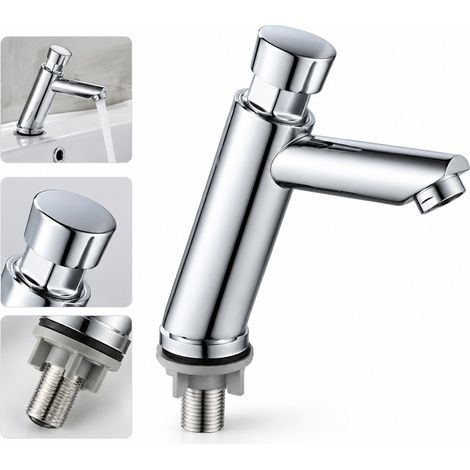 Robinet de lavabo temporisé à poussoir en laiton massif, bec incliné anti-éclaboussures, fermeture automatique, poussoir hygiénique sans contact, dimensions 25 x 19 x 7 cm, pour toilettes publiques et (1/5)