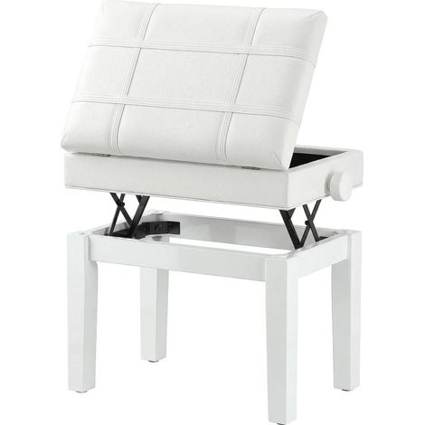 Banquette de Piano Réglable avec Coffre de Rangement Siège en Bois d'Hévéa Assise Rembourrée Blanc (1/5)