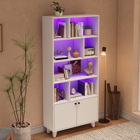 Étagère blanche 80x30x173cm en bois massif, avec compartiments de rangement, doubles portes, éclairage LED multicolore à télécommande, design épuré (1/4)