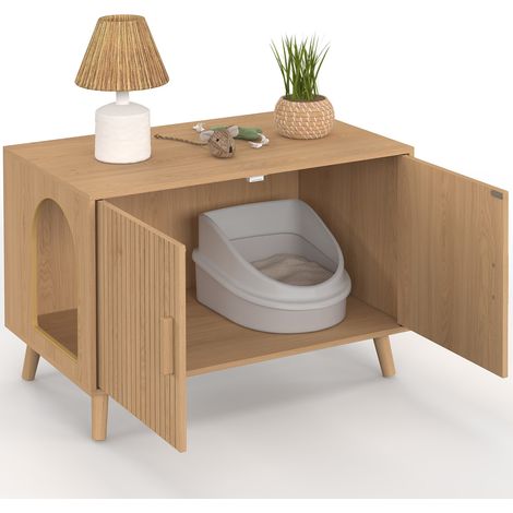 Sedile per gatti JULIETTE con doppia porta e doghe in legno color rovere (1/5)