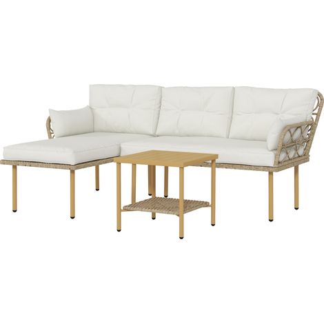 Set 3 Pezzi da Giardino con Chaise Longue Divanetto Cuscini e Tavolino in Rattan e Acciaio Bianco Crema e Legno (1/5)