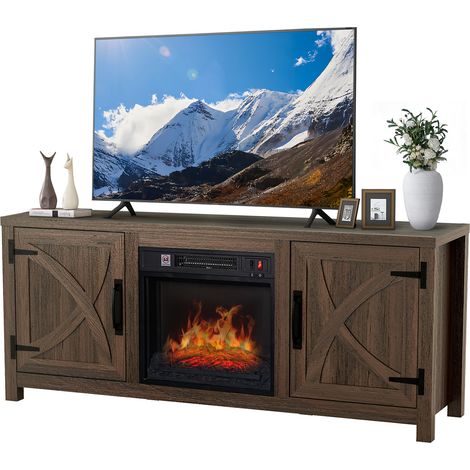 Parrot Uncle TV-Schrank mit integriertem Elektrokamin 147 cm, TV-Lowboard in rustikaler Eichenoptik mit 18-Zoll-LED-Kamin, großem Stauraum, modernes TV-Möbel in Braun