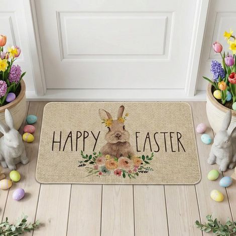 Easter Doormat 60 x 40 cm, Easter Doormat with Rabbits and Flowers, Dwarf Pattern Doormat, Non-Slip Door Mat, Decorative Mat Spring Easter Theme (a) (1/5)