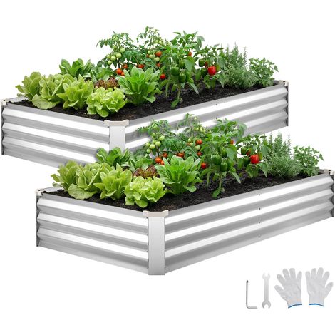 Potager Surélevé Métal 180x90x30 cm Carré Potager Surélevé Lot de 2 Lit de Jardin Rectangulaire pour Extérieur Culture Légumes Fleurs, Fond Ouvert, Galvanisé Aluminium-zinc, avec Gants, Argenté