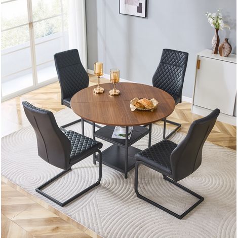 Table à manger ronde 107 cm avec 4 chaises, double niveau de rangement, style industriel, plateau MDF bois foncé et métal, cuir régénéré noir CHICFURN (1/5)