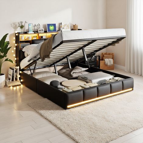 Polsterbett Doppelbett 140x200 cm mit hydraulischem Stauraum,  Modernes Jugendbett mit LED-Beleuchtung und USB, Bettgestell mit Kopfteil und Lattenrost, PU Schwarz, Ohne Matratze