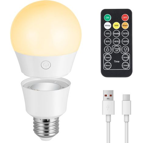 Ampoule LED Rechargeable Avec Télécommande, 7W Ampoule Connectée E27, Dimmable Blanc Chaud/Froid Ampoules à Batterie, Timing, Magnétique Détachable LED Ampoules Sans Fil Pour Lampe,Urgence,Décor (1/5)