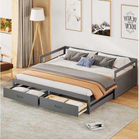 Okwish – Lit gigogne 90/180x200 cm – Canapé convertible en bois de pin gris – 2 tiroirs de rangement – Montage facile en 30 min (1/5)
