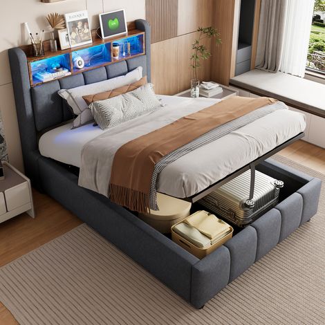 Lit rembourre moderne 90x200 cm en tissu effet lin gris avec LED, USB et coffre de rangement (1/5)
