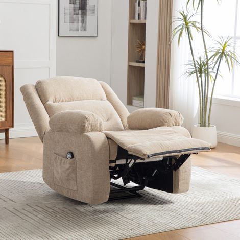 Poltrona reclinabile elettrica multifunzionale con funzione massaggio e riscaldamento elettrico, schienale e poggiapiedi regolabili manualmente e tasche laterali portaoggetti. Colore kaki chiaro. (1/5)