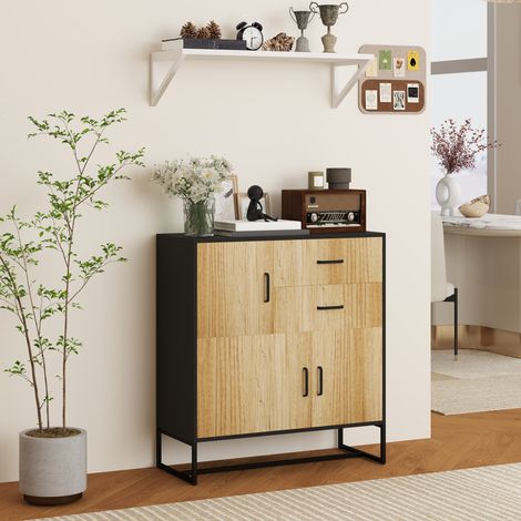 Modernes Sideboard mit 3 Schränken und 2 Schubladen, Mehrzweckschrank aus Spanplatte und Stahl, 80 x 35 x 85 cm, Schwarz und Holzoptik