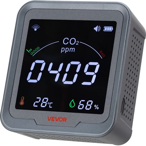 Détecteur CO2 400-5000 ppm Moniteur Dioxyde de Carbone Qualité de l'Air avec Affichage Température Humidité, Câble de Capteur NDIR 4,5 m, pour Utilisation en Extérieur, Maison, Bureau, Voiture (1/5)