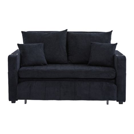 Canapé convertible, dossier réglable, canapé 2 places avec porte-gobelet et 4 coussins, poche latérale, port USB, en chenille, noir (1/5)