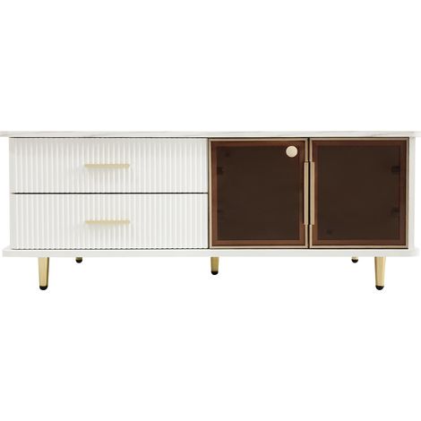 Table basse motif marbre 100x50x40 avec portes et tiroirs en verre trempé, blanc (1/5)
