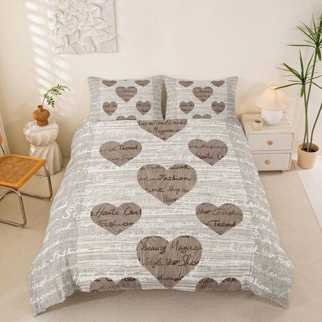 Amant Housse de Couette Beige Marron Femmes Filles Grain de Bois Ensemble de Literie Mot Imprimer Couples Coeur Motif Housse de Couette Ensemble Rétro Romance 3 pièces pour Chambre Décor, 200x200cm - (1/5)