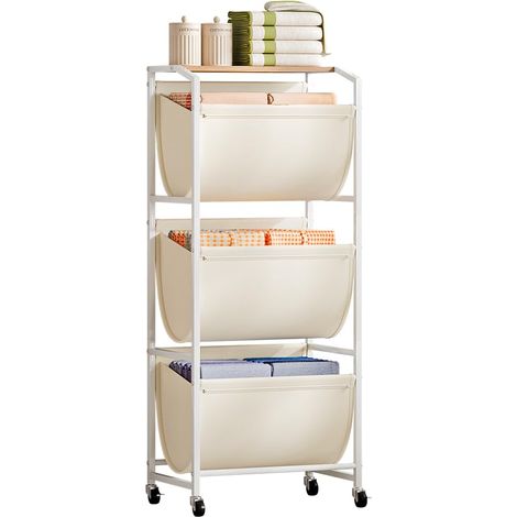 Panier à linge à roulettes à 3 niveaux avec 3 sacs en tissu amovibles, trieur de linge 120 l, étagère verticale économisant de l'espace pour salle de bain, buanderie et chambre (1/5)