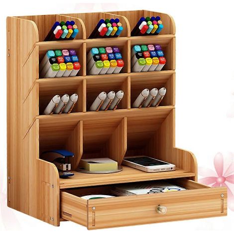 Boîte de rangement porte-stylos en bois, idéale pour le bureau, avec grande capacité et plusieurs compartiments. (1/5)