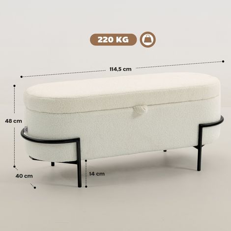 Pouf de rangement, tabouret assis avec couvercle et espace de stockage, pieds en acier, pouf rembourré en molleton, blanc cassé (1/5)