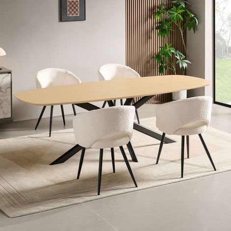 Ensemble table 200 cm effet chêne + 4 chaises tissu bouclette blanc (1/5)
