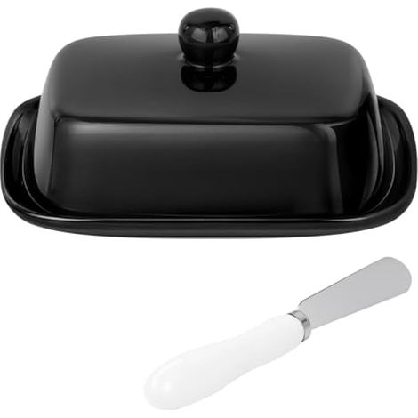 Beurrier en porcelaine avec couvercle et couteau pour 250g, pot à beurre céramique hermétique pour plan de travail, noir – compatible lave-vaisselle (1/5)