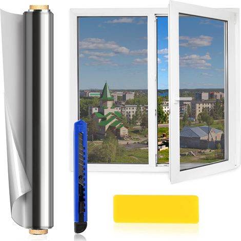 90 x 400cm Film Fenêtre Anti Regard Occultant Film Miroir Fenetre Adhésif Film Fenetre Isolant Film pour Vitre Film Solaire Fenêtre sans Tain Anti Chaleur pour Protection UV et Brise-Vue Argent (1/5)
