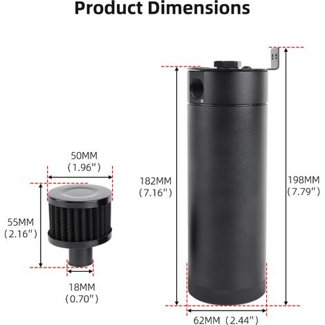 Bidon d'évent d'huile noir allongé à deux trous, 750 ml, bidon de récupération des gaz résiduaires et des huiles usées avec support de filtre à air et une vanne de vidange. (1/4)