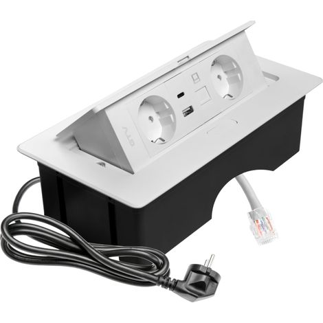 Prise encastrable blanche avec 2 prises Schuko, USB A+C, RJ45, escamotable avec couvercle, câble de 1,5 m, pour le bureau, la table de conférence ou le plan de travail de cuisine (1/5)
