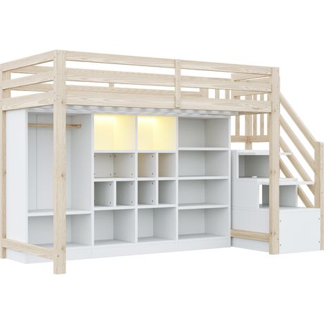 Letto a soppalco 90 x 200 cm con contenitori, armadio, LED e scala laterale, bianco e legno naturale (1/5)