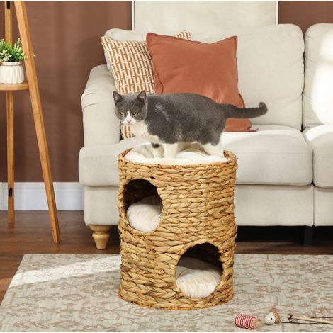 REDOM torre rascador para gatos (40x40x50 cm), con 2 cuevas y cojines extraíbles, plataforma superior, acero marrón (1/5)