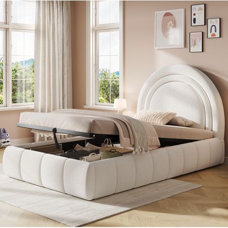 Lit enfant 90 x 200 cm capitonné beige en bouclé avec grand rangement et sommier (1/5)
