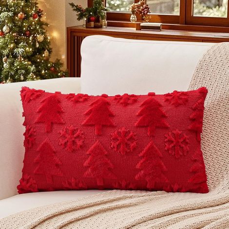 Set di 1 copricuscino decorativo natalizio in morbido peluche corto di lana e velluto, stile lussuoso per divano, camera da letto, albero e fiocco di neve rosso, 30 x 50 cm