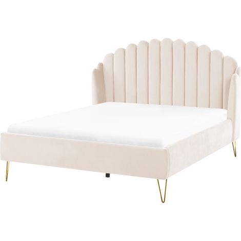 Cama con somier de terciopelo beige claro dorado 140 x 200 cm cabecero Ambillou (1/5)