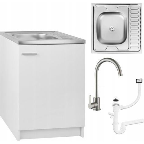 Meuble de cuisine 60 cm – Blanc – Évier en acier inoxydable 41 cm – Robinet haut pivotant – Panneau laminé pour corps et portes