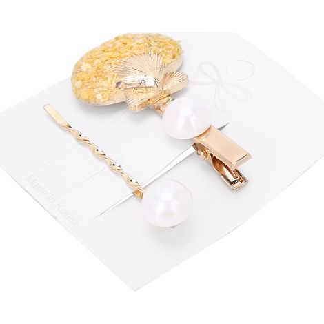 Épingle à cheveux coquillage nacré femme, clip métal doré perle imitation, broche déco raffinée fille, cadeau élégant (1/5)