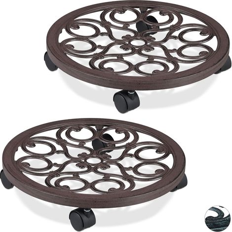 Set of 2 Relaxdays Round Plant Caddies, Metal Flower Pot Roller for Indoors & Outdoors, Antique Look, Ø 38 cm, Brown