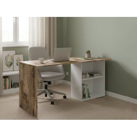 Dmora Escritorio lineal para oficina y estudio con estante, Made in Italy, Mesa minimalista, Escritorio para PC, 110x50h75 cm, color blanco brillante y arce, con embalaje reforzado (1/5)