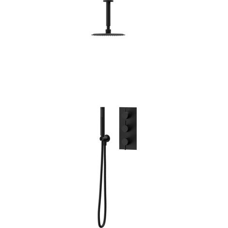 Colore Matt Black Triple Thermostatic Valve Mixer Shower Including 200mm Round Fixed Shower Head with Ceiling Arm and Round Shower Outlet Holder with Kit - 2 Outlet (1/3)
