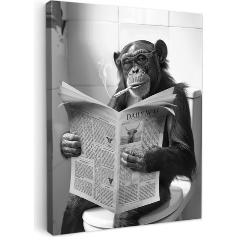 TABLEAU SUR TOILE Singe - WC - Journal - Noir et blanc - Humour Tableau Moderne 30x40 cm