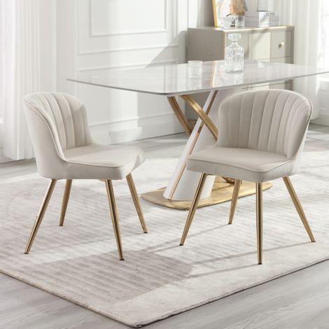 Wahson Lot de 2 chaises de salle à manger en velours beige – Coussin épais 6cm – Pieds dorés en métal – Hauteur d'assise 47.5cm, Beige