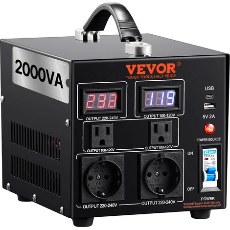 VEVOR Transformador Convertidor de Voltaje Sube/Baja 220-110V/110-220V Convertidor 2000VA CE con 2 Enchufes NEMA 5-15R de 3 Pines EE.UU., 2 Enchufes Shucko Europeos, 1 Conector USB, 1 Conector Tipo-C