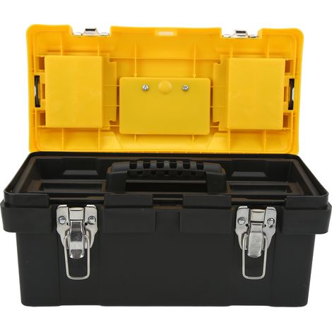 Boîte à outils portable à 2 niveaux pour électricien domestique, rangement pour outils et quincaillerie, en plastique épais de 36,5 x 18,5 x 17,5 cm (14 pouces), fermeture en fer de haute qualité. (1/5)