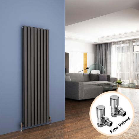 ELEGANT 1600 x 480 mm Anthracite Designer Vertical Column Radiator Double Oval Panel Designer Bathroom Radiator + Angled Radiator Valves (1/5)