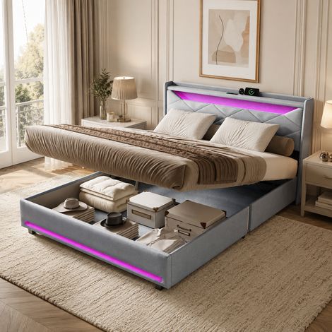 Lit coffre 140×200 cm,rangement hydraulique,grande capacité,lit double capitonné,éclairage LED et port USB,cadre de lit 140×200,style moderne,sommier à lattes,lit adultes,Lin,Gris (1/5)
